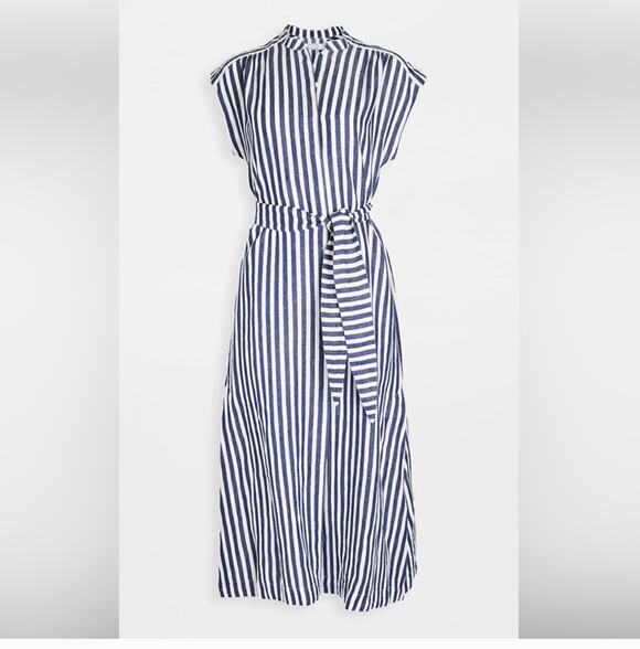 AYR Dresses & Skirts - AYR Linen Sunset Midi Dress S Blue White Stripe Coastal Travel Resort Luxury